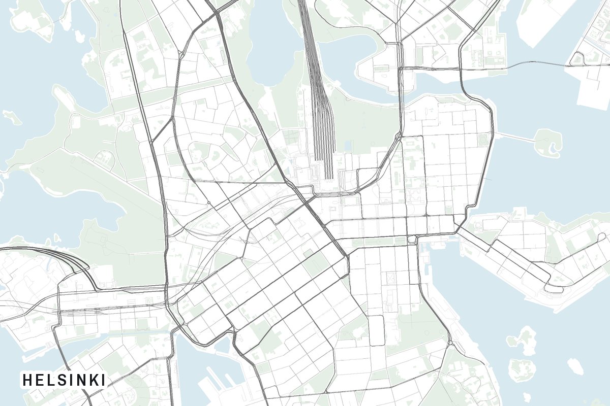 Street map of Helsinki, Finland.