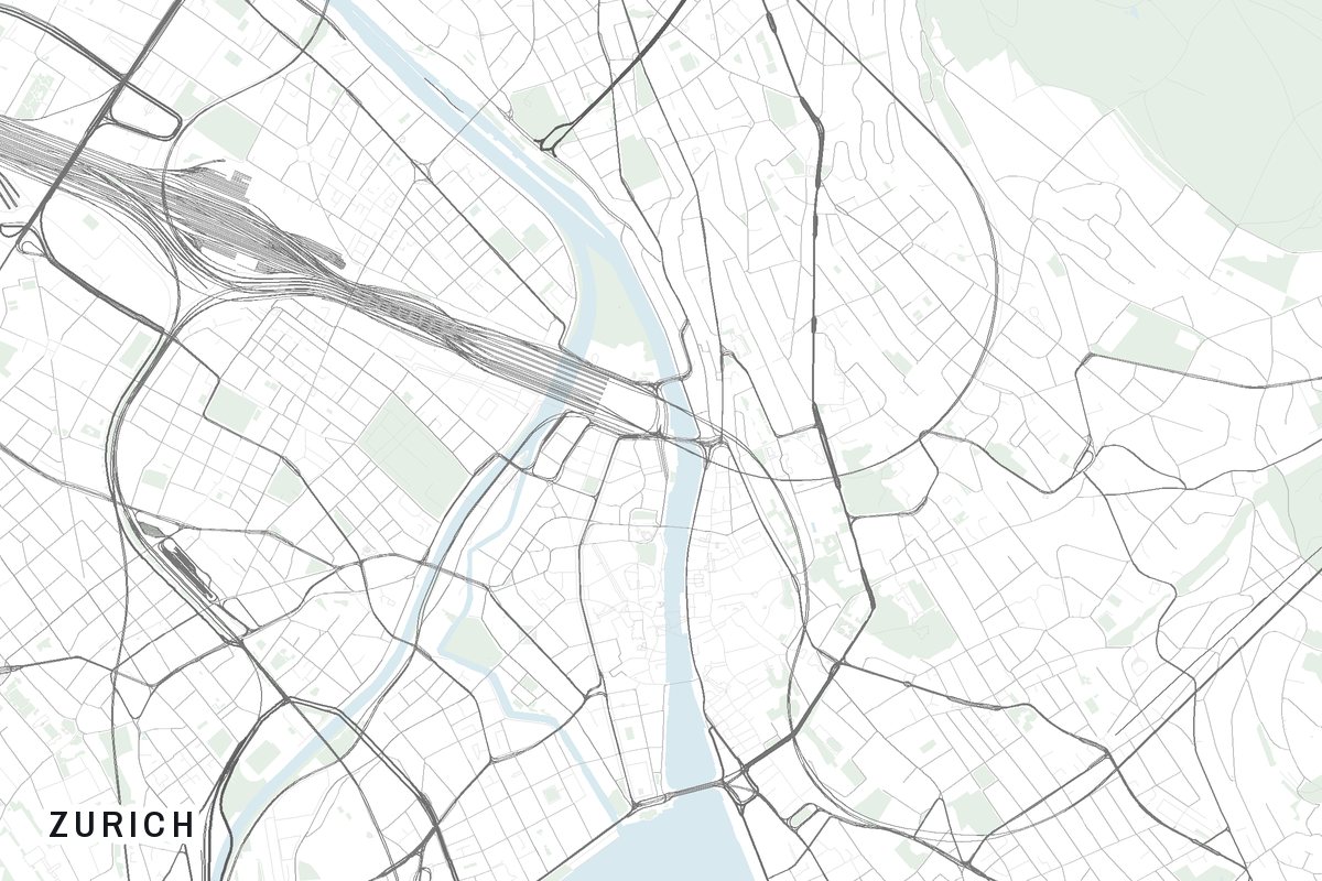 Street map of Zürich, Switzerland.