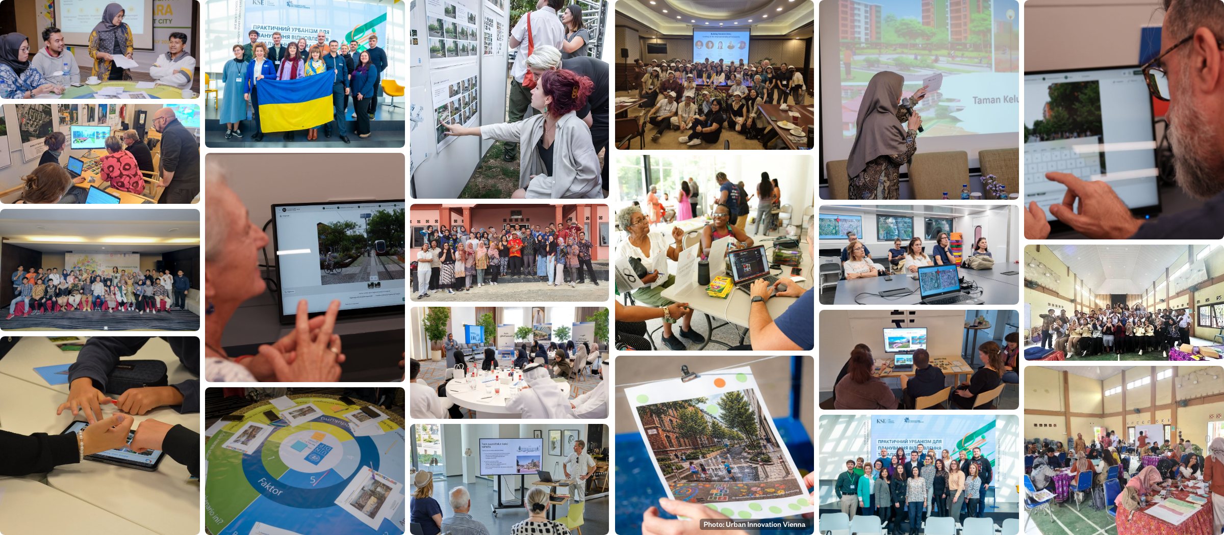 A collage of workshop photographs. Group photos: participants in Kyiv holding a Ukrainian flag, and groups in Nusantara and Manila. Around them, people at work: hands on a tablet, residents at touchscreens in Bologna, residents at a laptop in East Cleveland, printed scenarios on a wall in Pristina, and boards and plans on workshop tables.