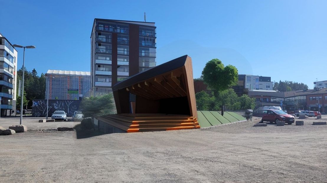 Generated in the workshop: a timber stage with orange steps, standing on the square while it was still an open gravel lot.