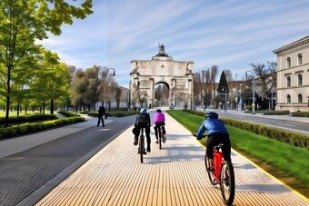 Idea: a timber path across the grass, with people cycling along it.