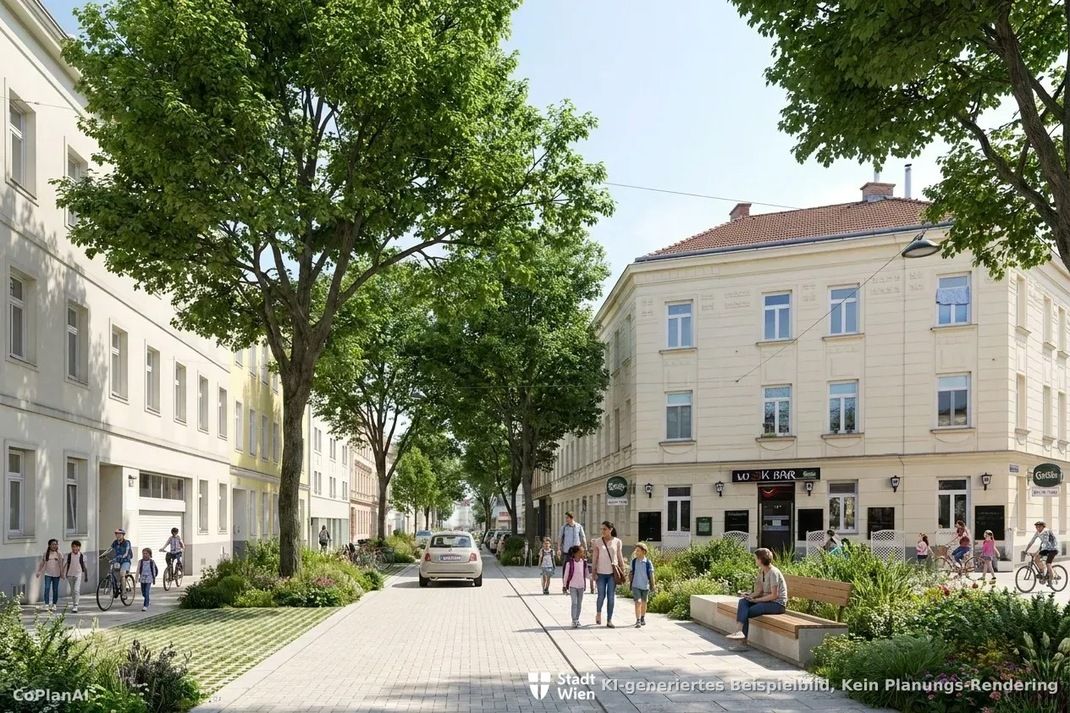 The same corner as a scenario: trees, planting and benches along a paved street, people walking and cycling, and the city’s label: an AI-generated example image, not a planning rendering.