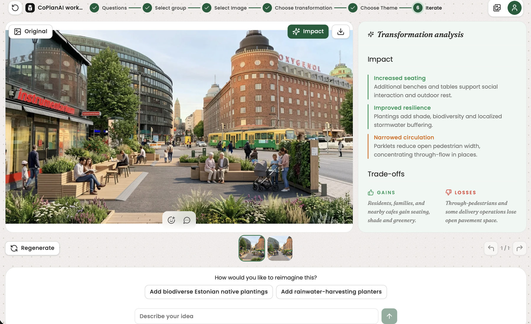 The participant app: a transformed city street with planters, benches and planting, and beside it a Transformation analysis panel listing the impact and the trade-offs, gains and losses.