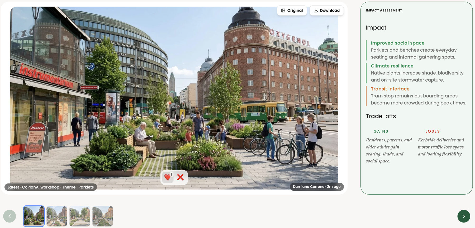 The impact evaluator on the platform: a city-centre street corner with parklets, planting and benches tried on it, and beside it the impact assessment and its trade-offs.