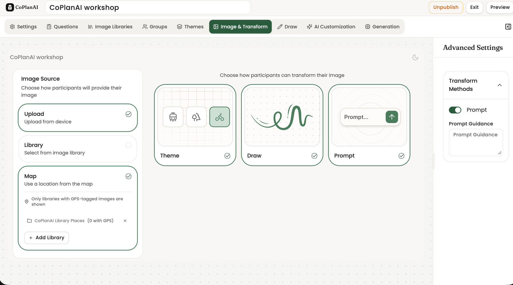 The organiser’s console, Image and Transform tab: images come from an upload, a library or a map, and people reshape them by theme, by drawing or by prompt.