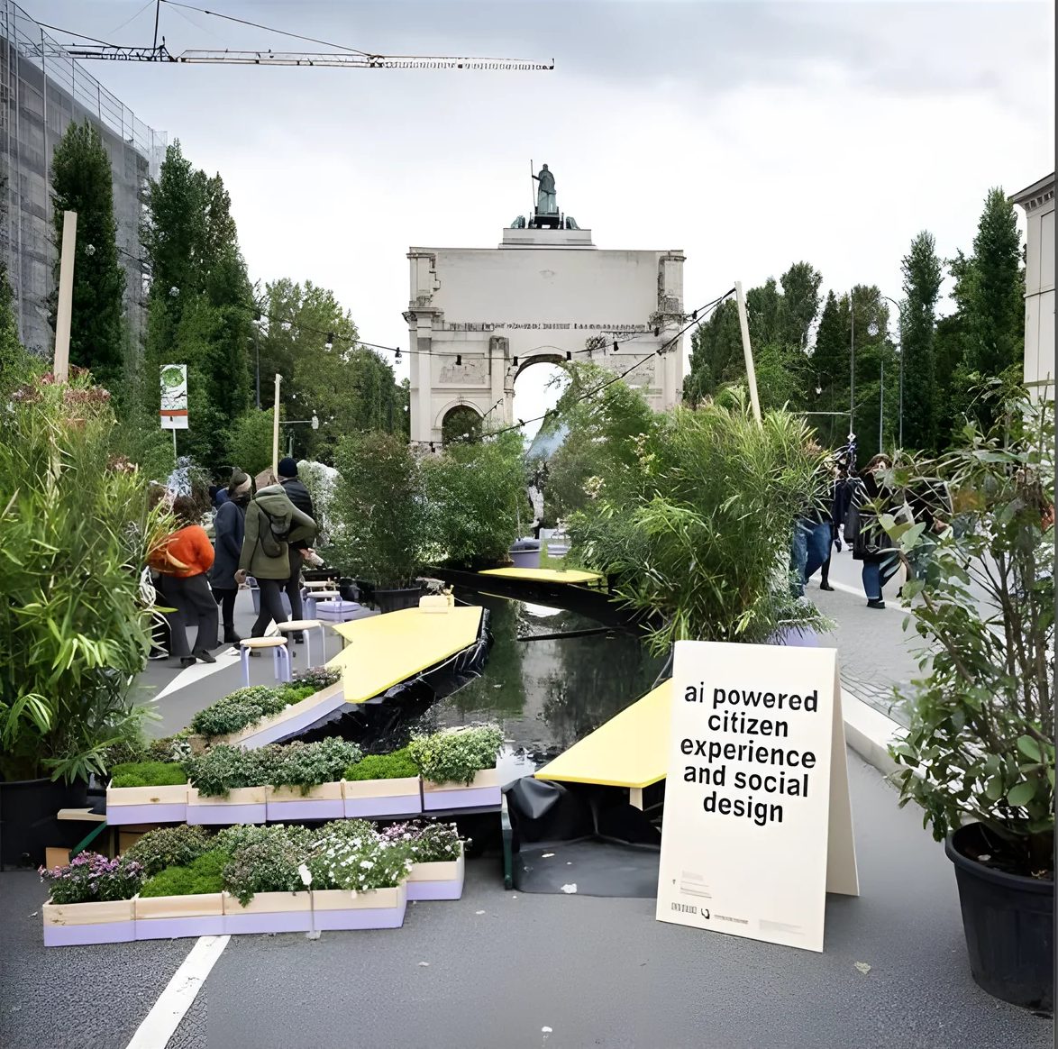 The walkable prototype built at the Siegestor: planters, a timber deck and people walking through.