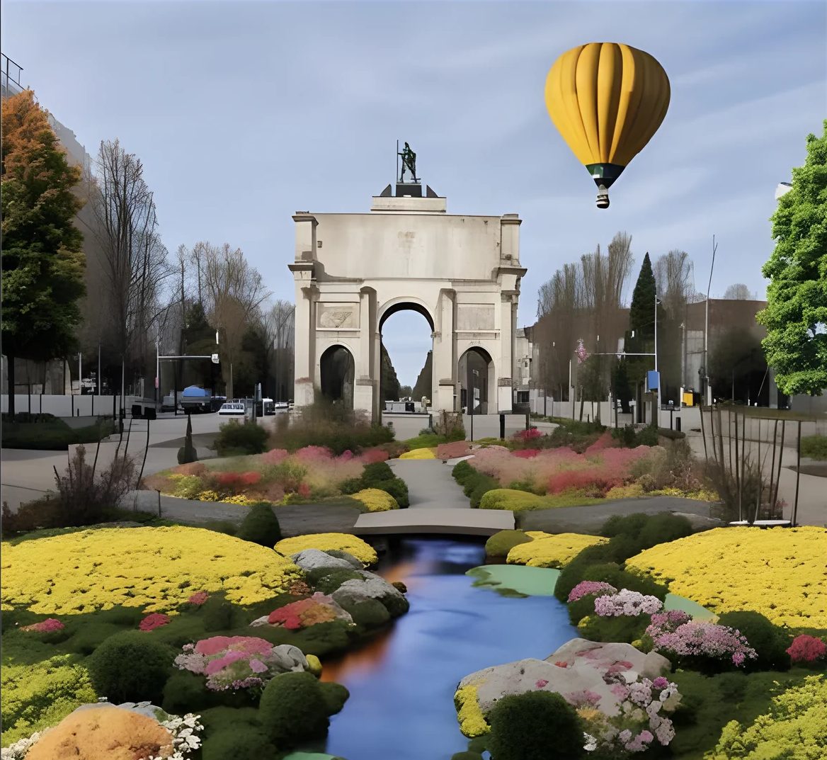 The winning image: the Siegestor with a stream and a flower meadow in place of the road.