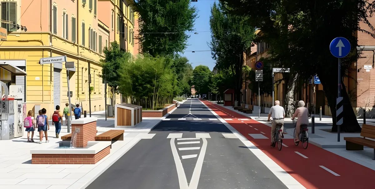The same street as a scenario from the workshop: a red cycle lane, benches and planting.