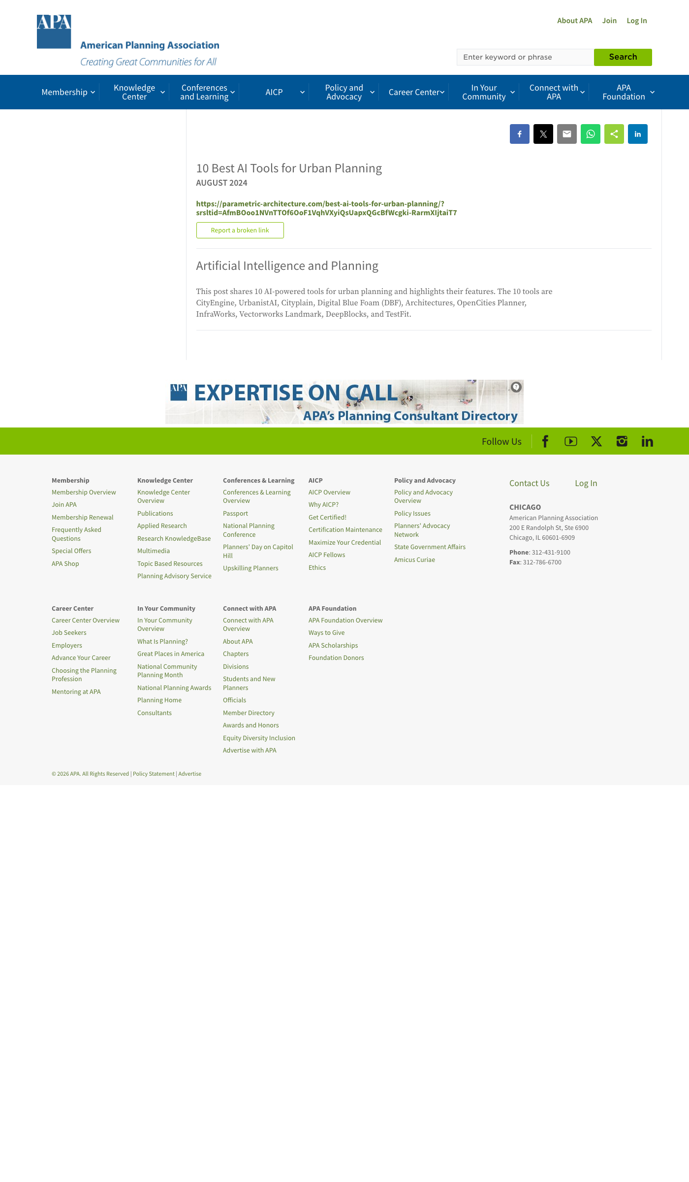 American Planning Association KnowledgeBase — 10 AI tools