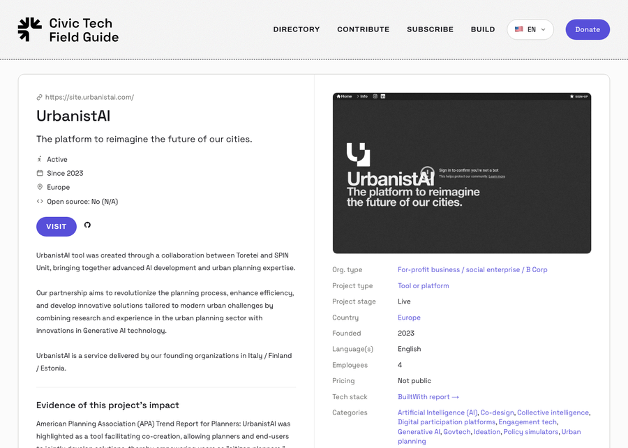 Civic Tech Field Guide — UrbanistAI listing