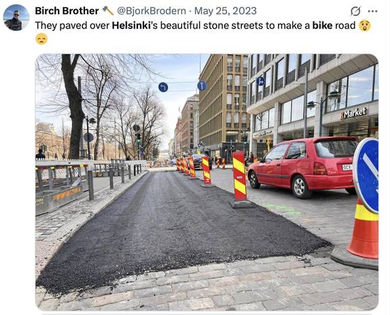 A resident posts about the Esplanadi being paved over for a bike road