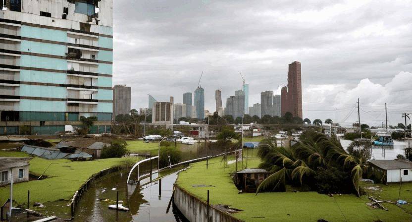 Climate scenario for the Panama City waterfront proposed by youth workshop groups: the tide over the promenade, the park under water, storm damage across the site