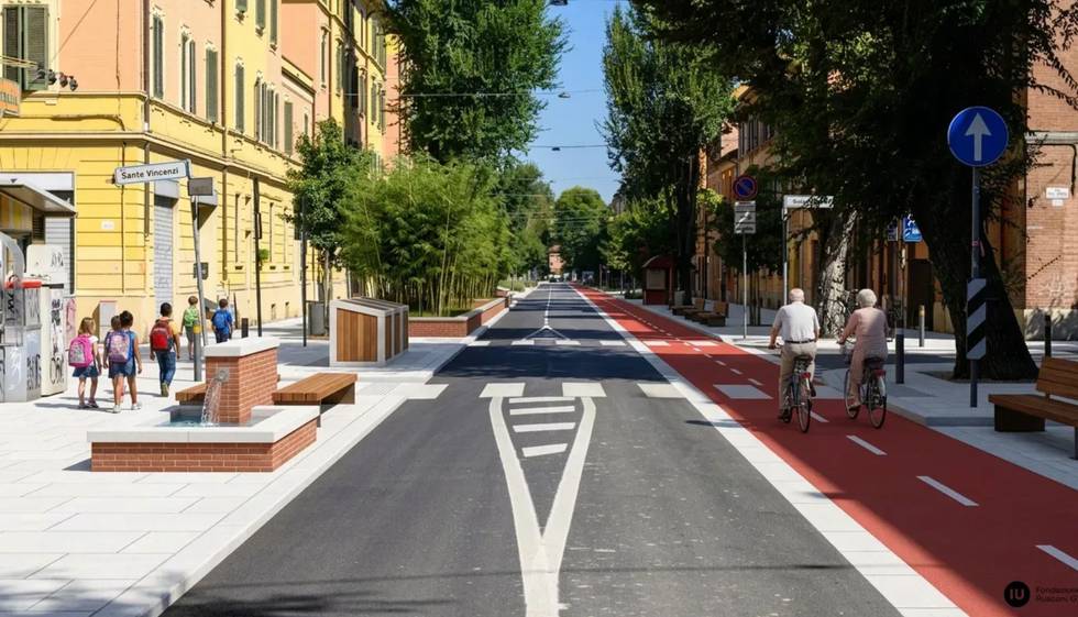 Bologna street scenario co-designed with new greenery and a red cycle lane