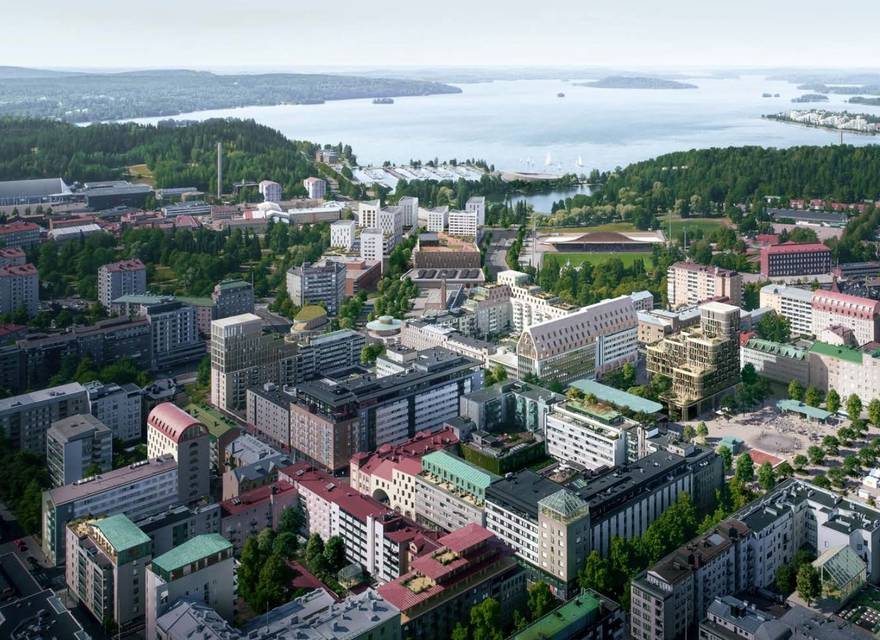 Aerial view of Lahti city centre by the lake